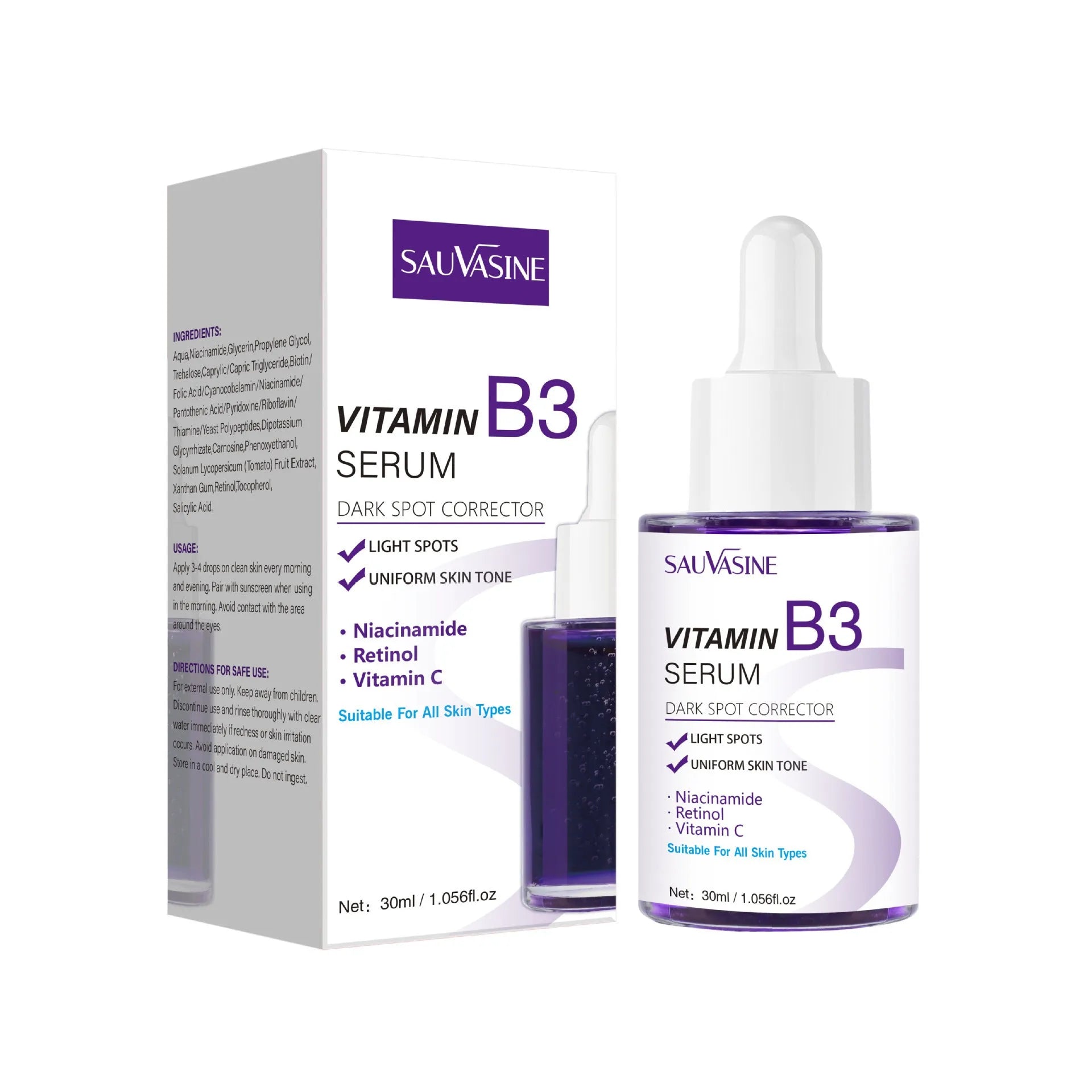 30ml bottle of Vitamin B3 nourishing moisturising firming facial essence for universal skin types.