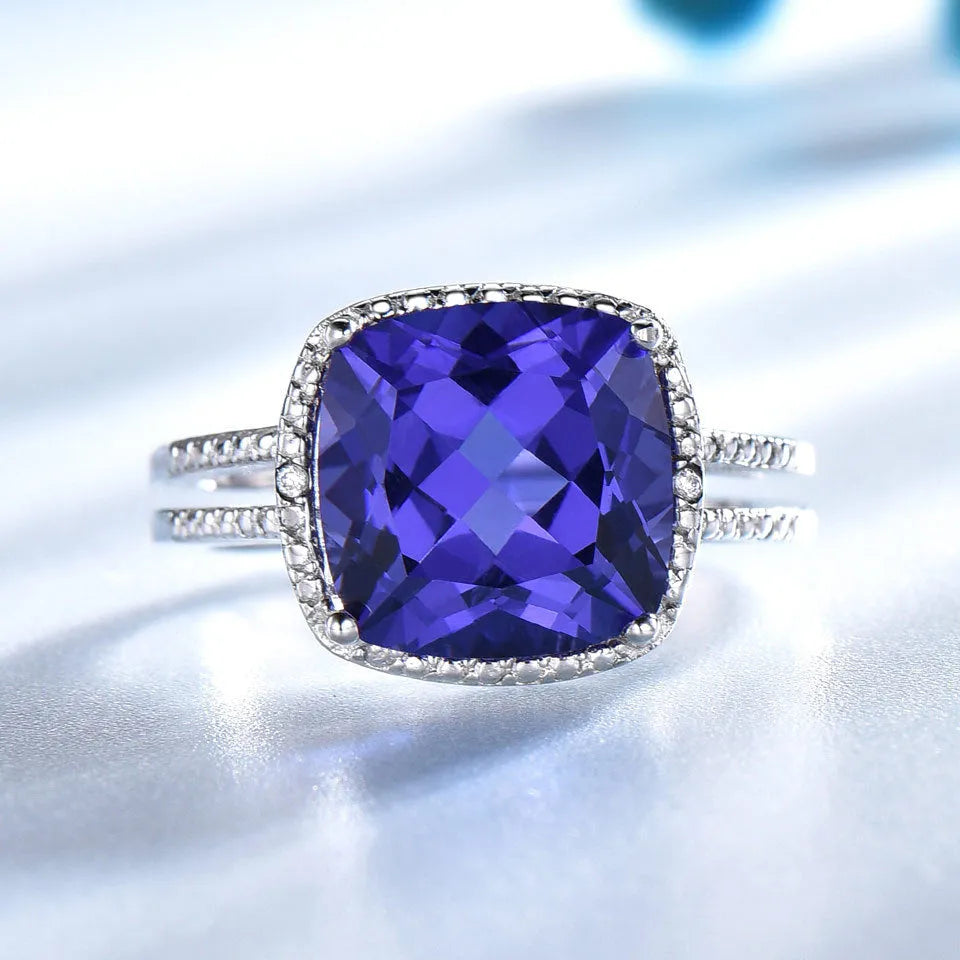 Blue tanzanite gemstone ring in sterling silver, UK sizes 6-10