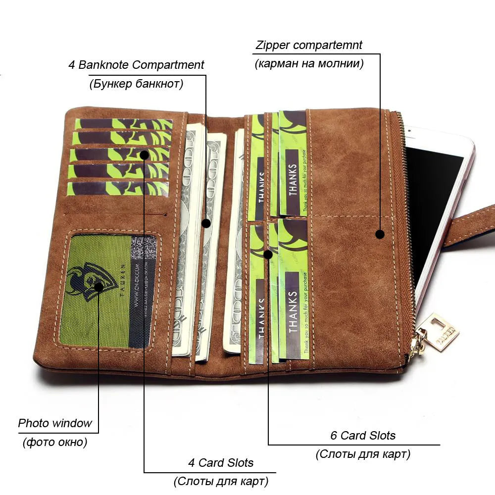 Women's long vertical zip wallet in retro matte PU leather, shown in an open two-fold view revealing internal card slots and compartments.