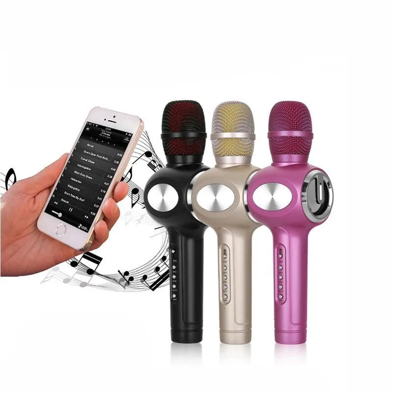 Yaerjia E108 mobile microphone karaoke system with integrated speaker in black, gold or pink colour options