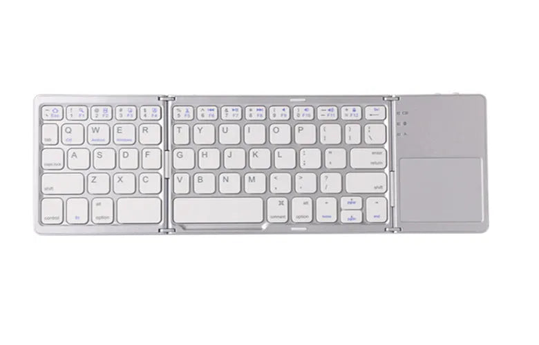 Black tri-fold folding Bluetooth keyboard with built-in touchpad, shown both folded and unfolded