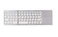 Black tri-fold folding Bluetooth keyboard with built-in touchpad, shown both folded and unfolded