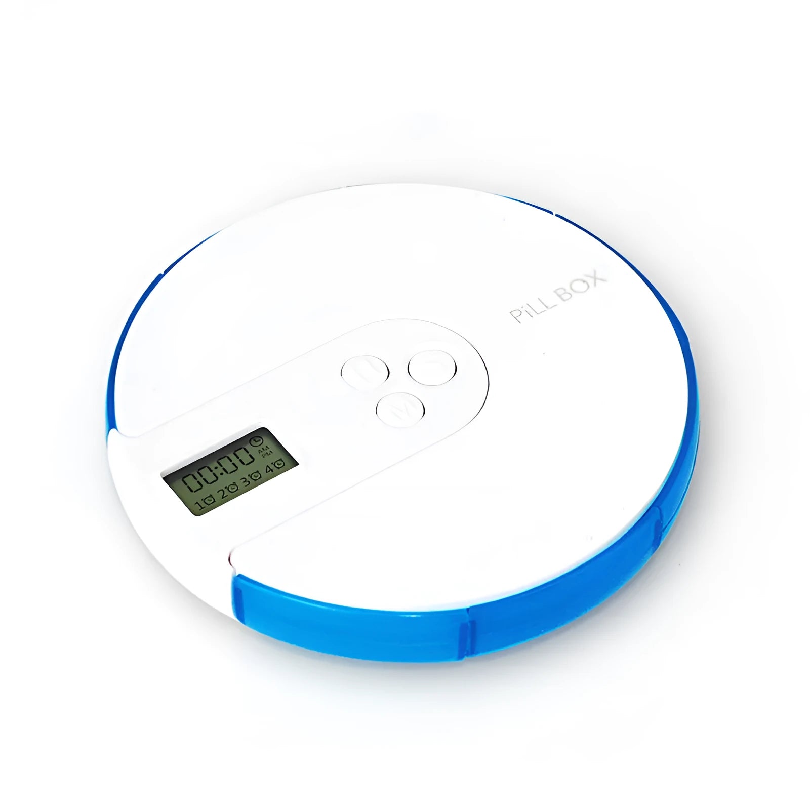 Seven-compartment alarm clock pill dispenser with display, slim 2 cm profile, shown in blue colour option