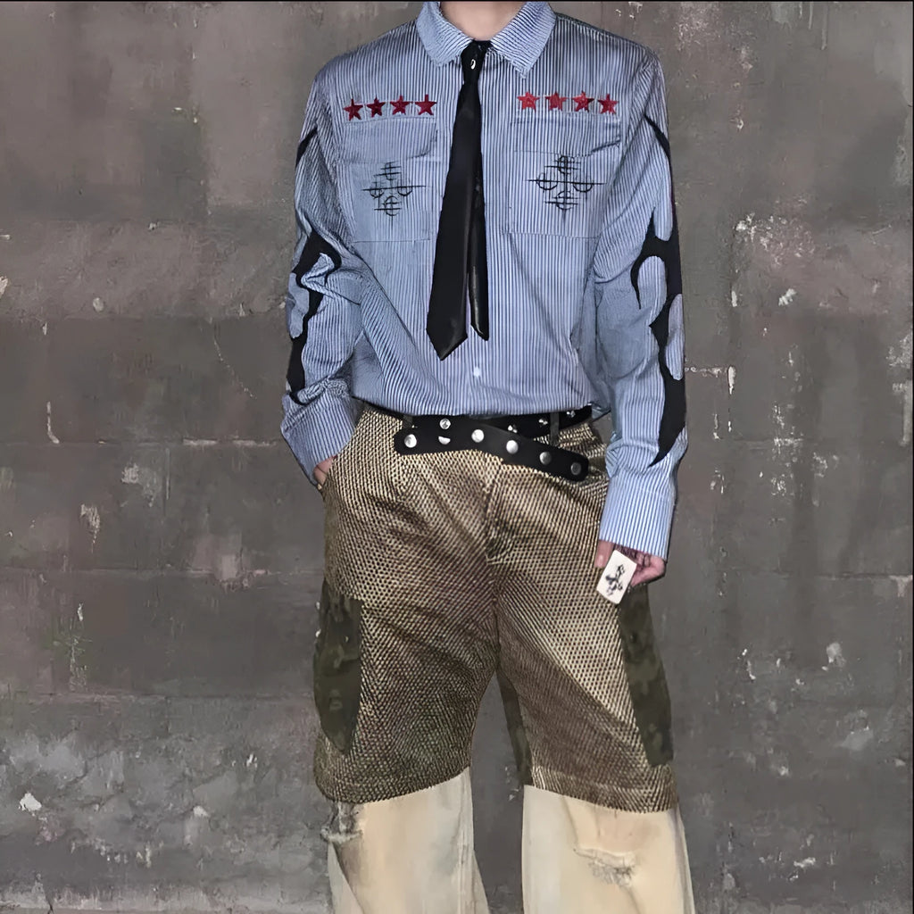 Men's washed denim blue striped long sleeve casual shirt with lapel collar on a hanger.