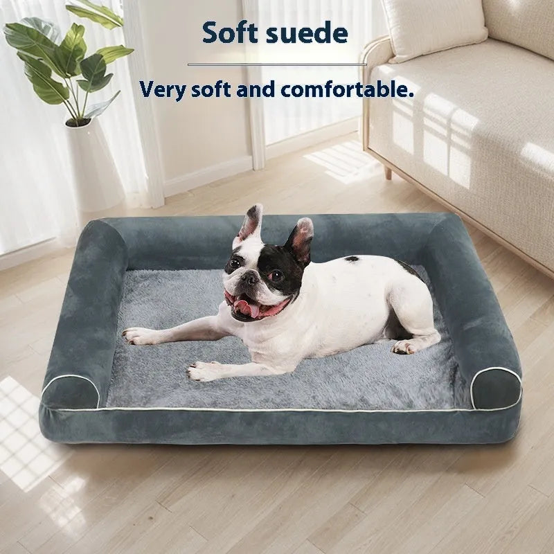 Square blue cloth dog bed with sponge fill on a wooden floor