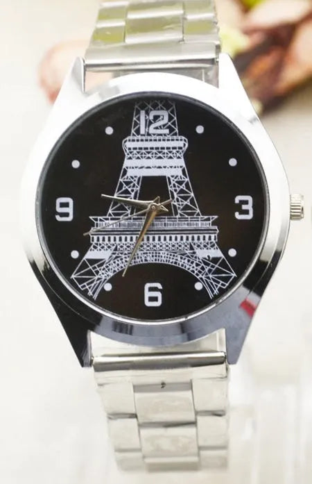 Eiffel Tower wrist watch showing analogue display with Paris landmark design on face