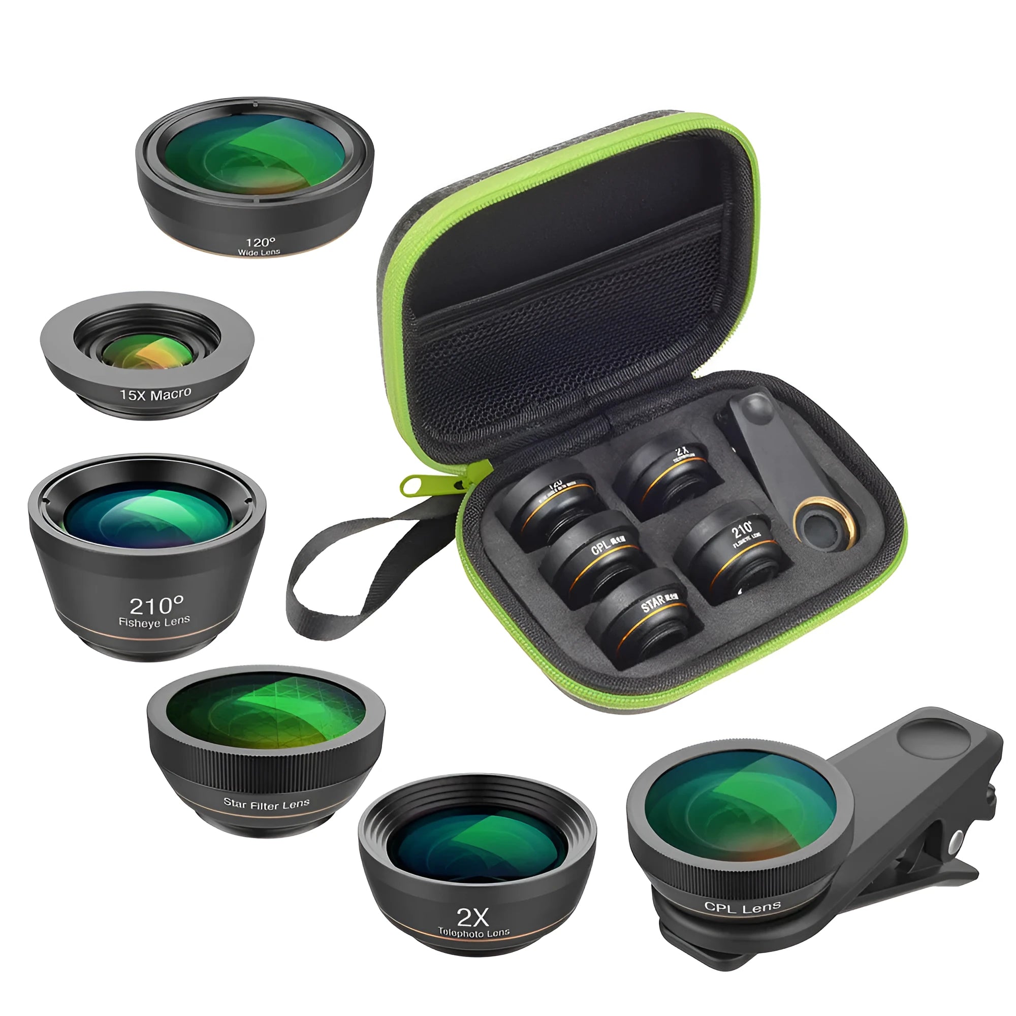 Black 6-in-1 smartphone lens kit with fisheye, macro, telephoto, wide-angle, CPL and star filter lenses and a universal clip.