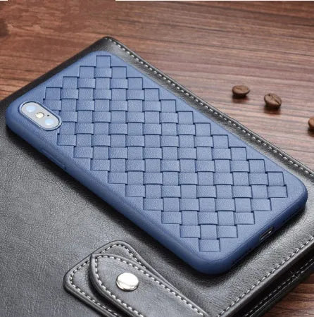 Luxury grid weaving pattern iPhone case in eco-friendly TPU material showing raised screen edges.