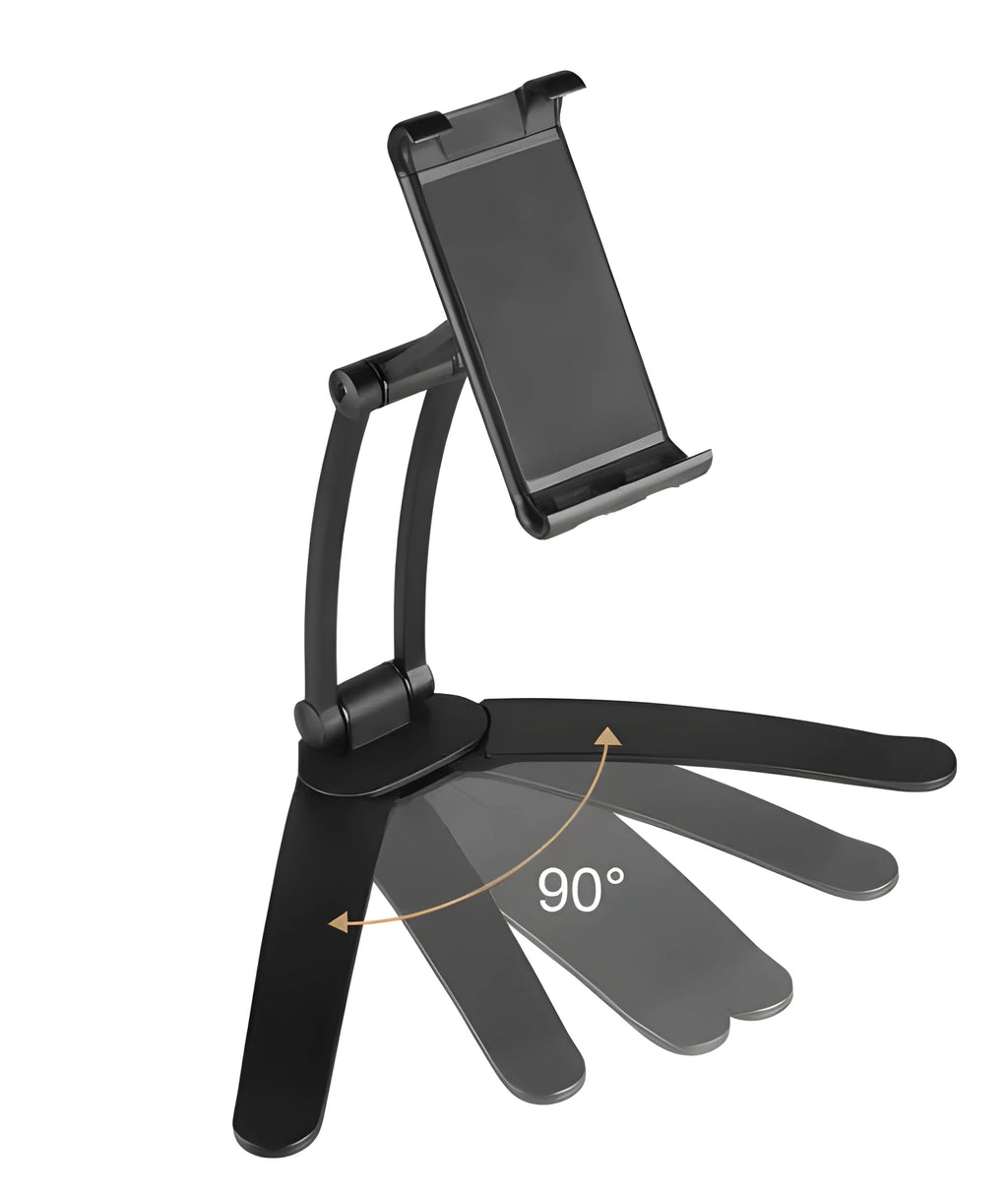 Silver aluminium alloy desktop tablet stand with adjustable white mount holding a tablet
