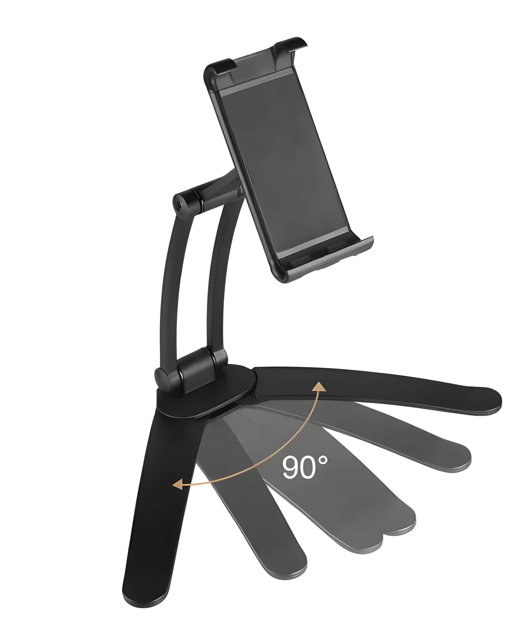 Silver aluminium alloy desktop tablet stand with adjustable white mount holding a tablet