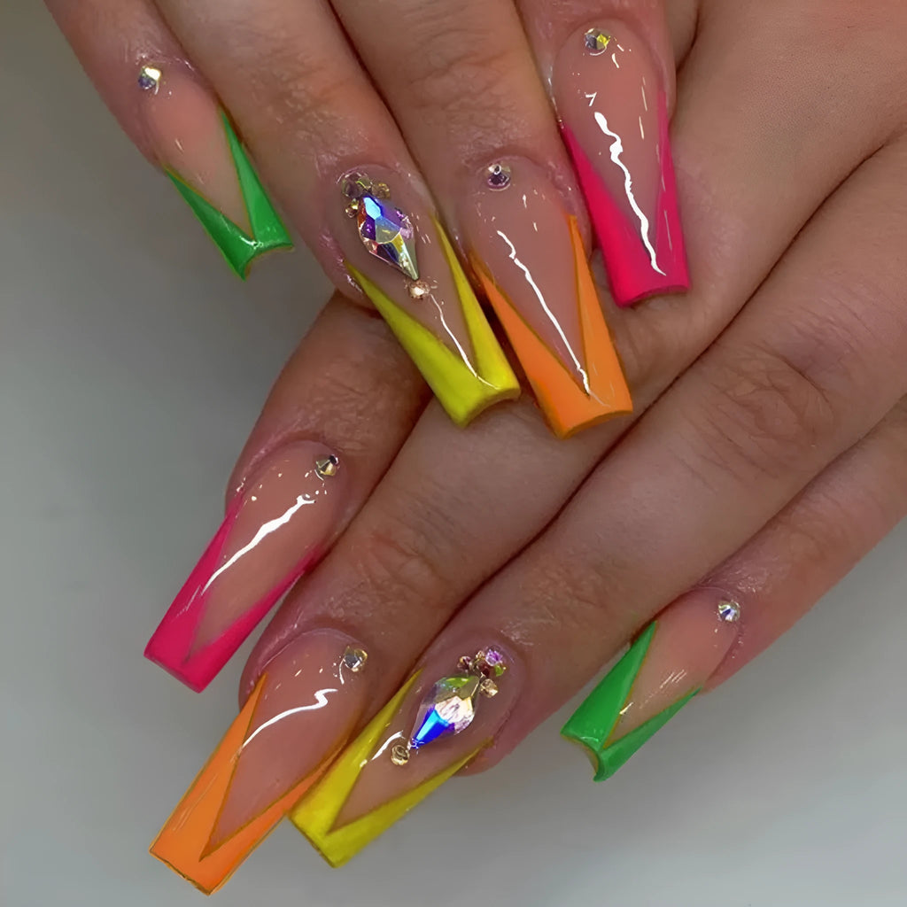 Detachable nail tips with diamond colour French design showing cartoon and cross heart patterns with application kit