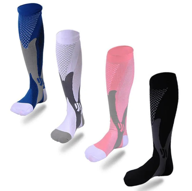 Black graduated compression socks for men and women, shown laid flat.