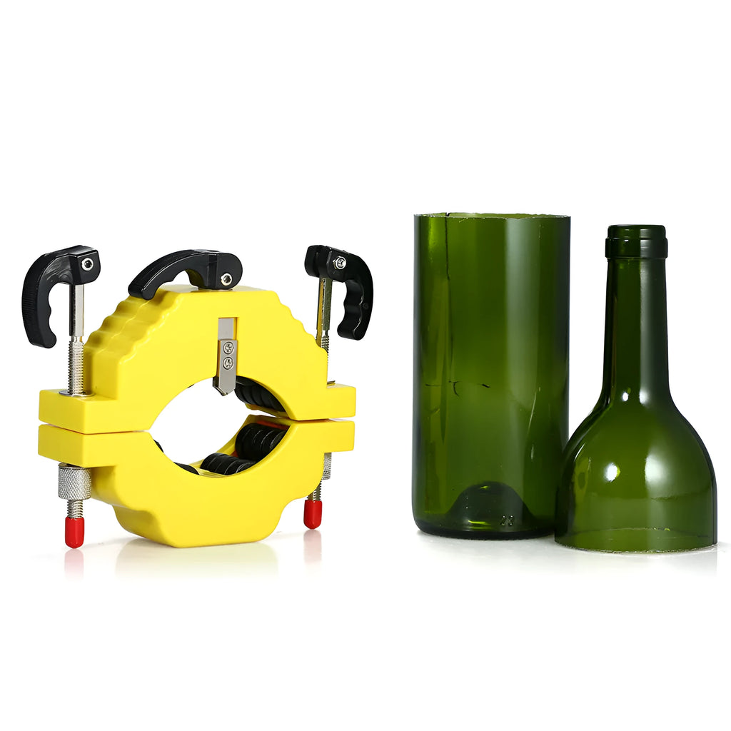 Yellow bottle cutter tool for glass bottles 50mm to 120mm diameter with adjustable cutting mechanism