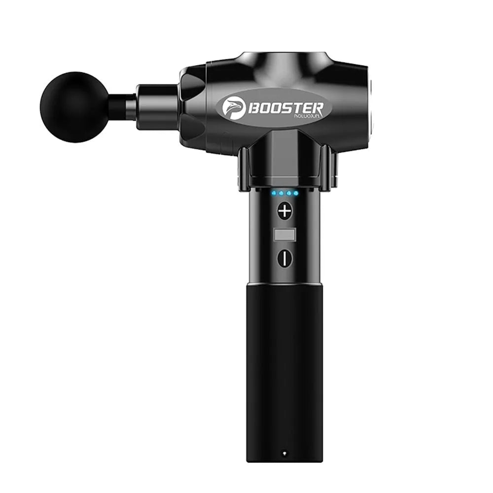 Black and white cordless electric massage gun for muscle relaxation.