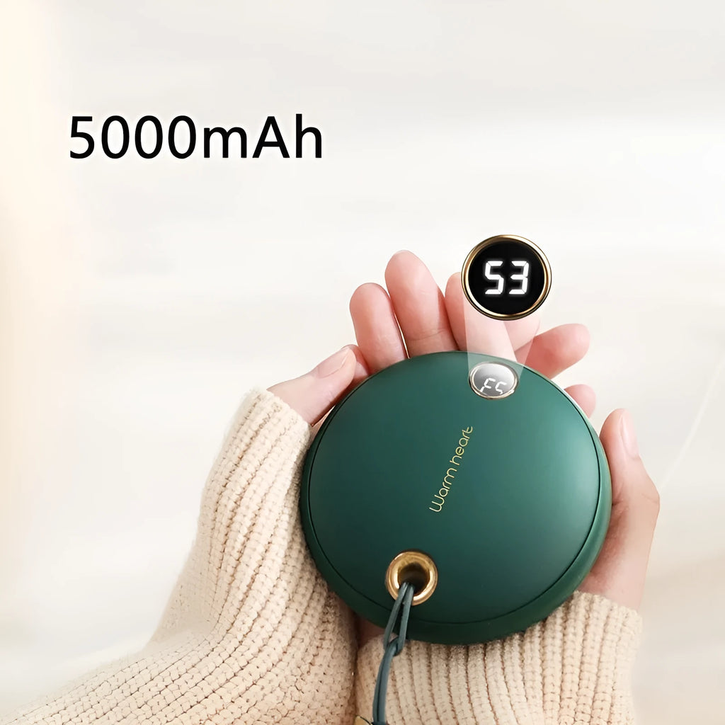 5000mAh hand warmer power bank with digital display in green, pink, or white colours