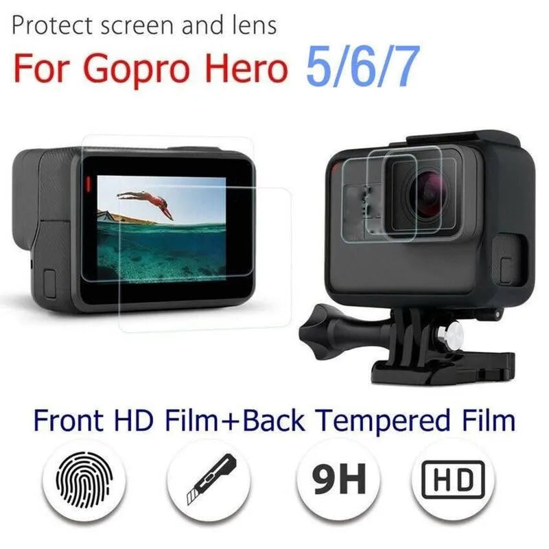 Transparent tempered glass screen protector film for GoPro Hero 5/6/7 camera lens and LCD display