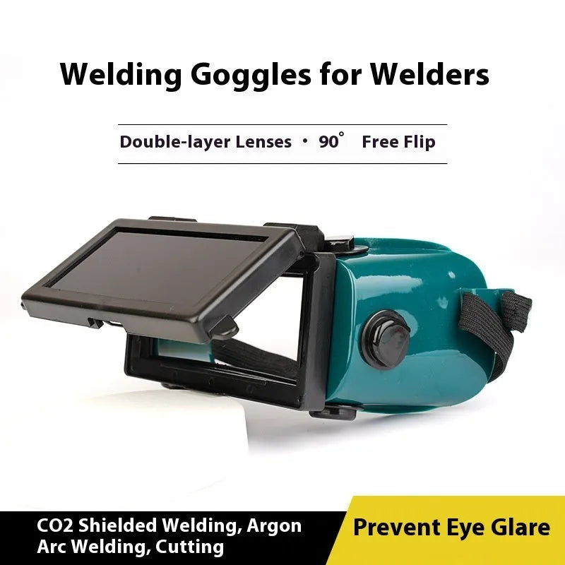 Green light-changing electric welding glasses with flip dimmer and PVC frame