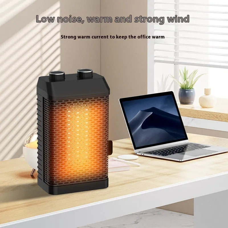 Black desktop smart heater with remote control, shaking head mechanism, and digital display