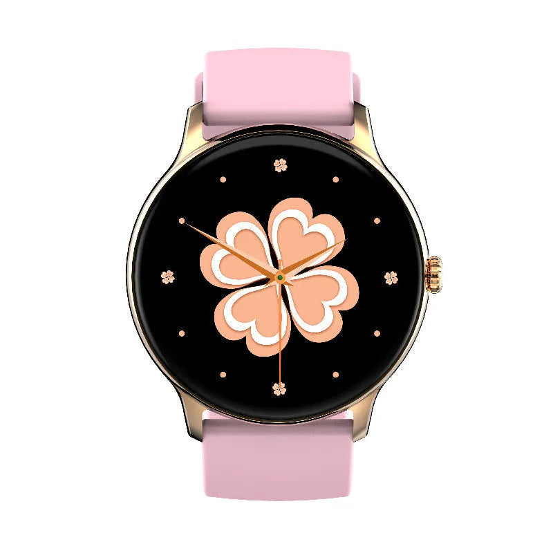 Black smart watch with blood pressure monitoring on a wrist, showing a 1.28-inch colour touchscreen display