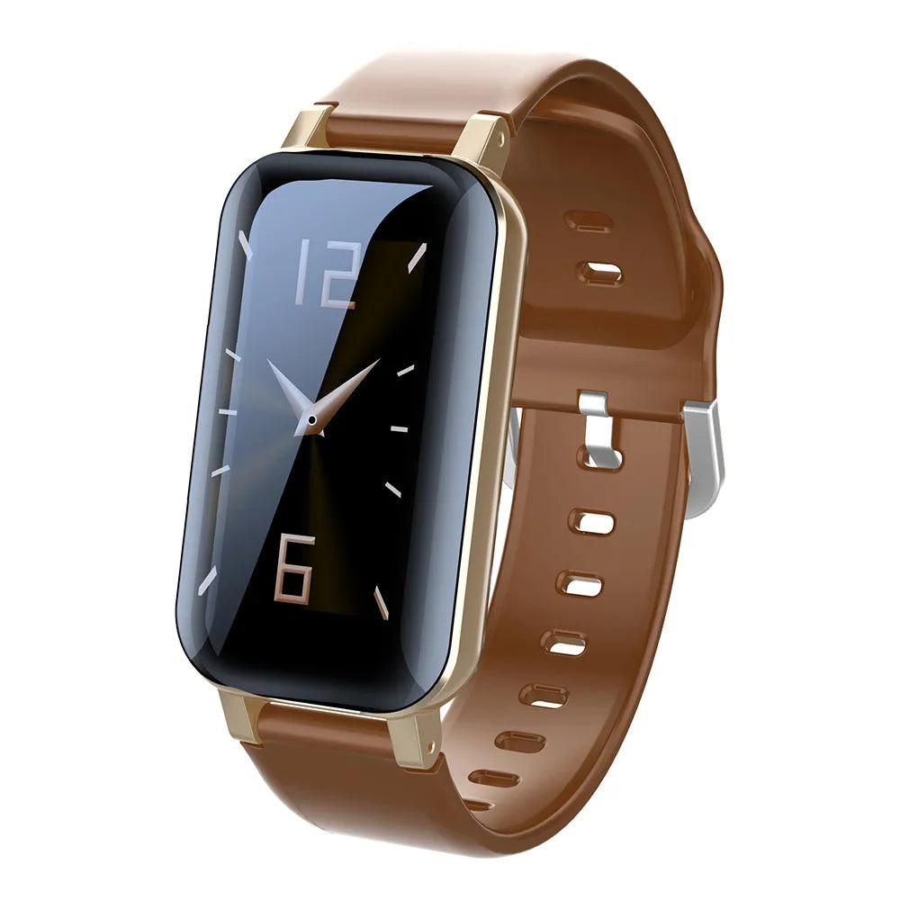 Call Bracelet smart fitness tracker in black, blue, or coffee on a wrist displaying heart rate data.