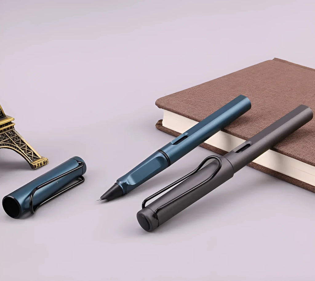 Frosted ink bag fountain pen showing visible ink reservoir with 0.38mm and 0.5mm nib options