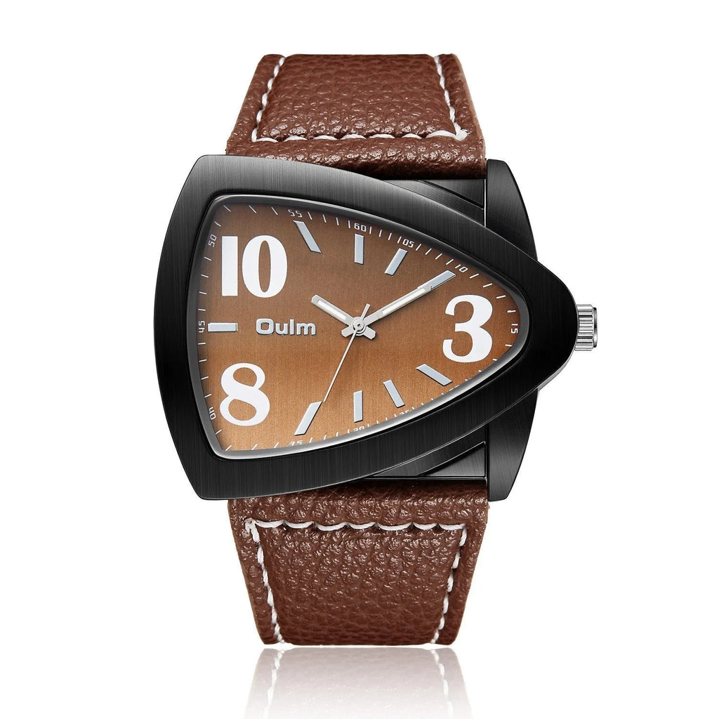 Men's casual triangle belt quartz watch with leather strap and stainless steel 9mm case