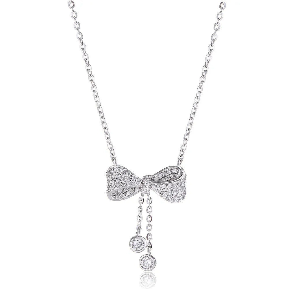 S925 sterling silver necklace with bow pendant on O-ring chain, silver colour.