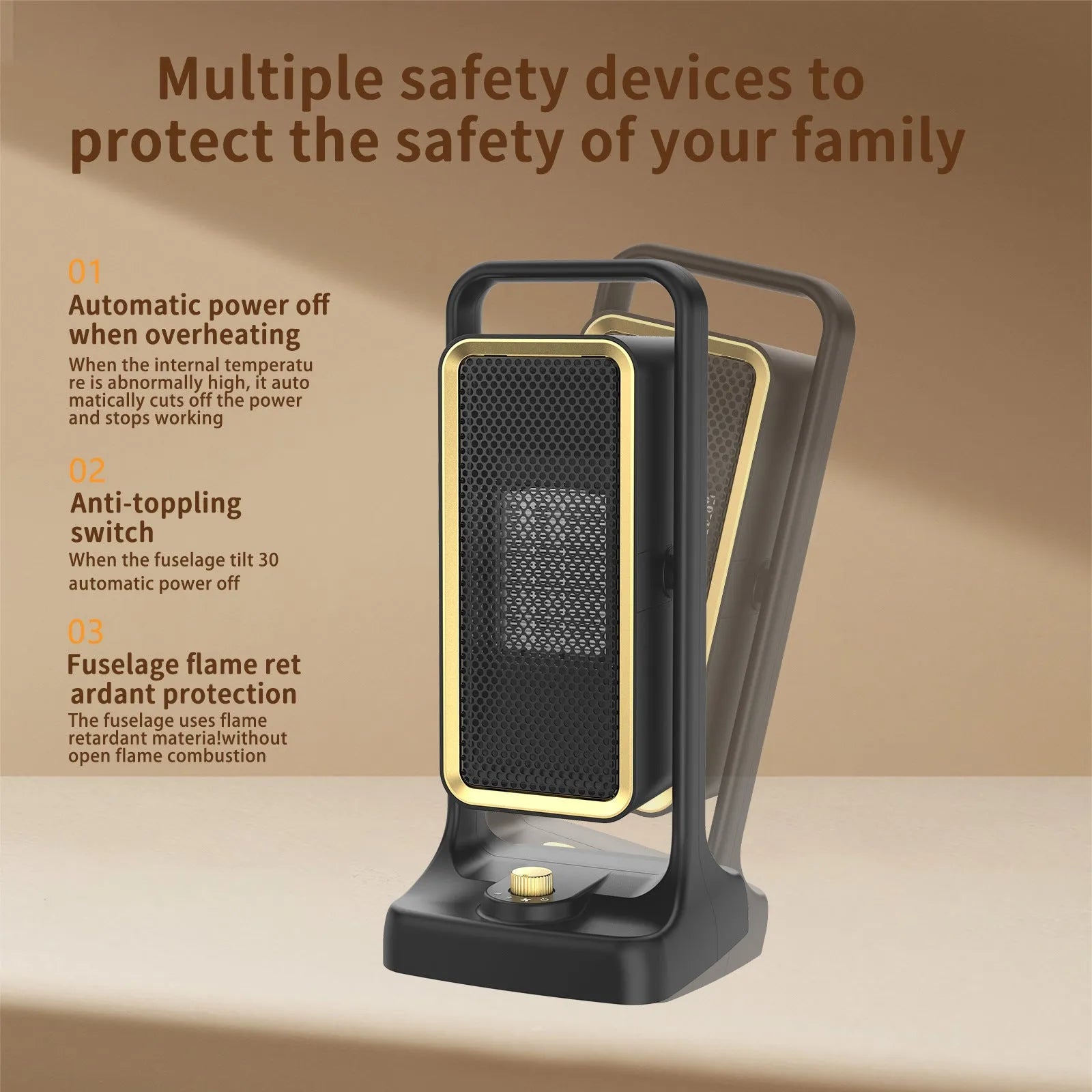 Black PTC ceramic desktop heater with knob controls measuring 14.9cm wide