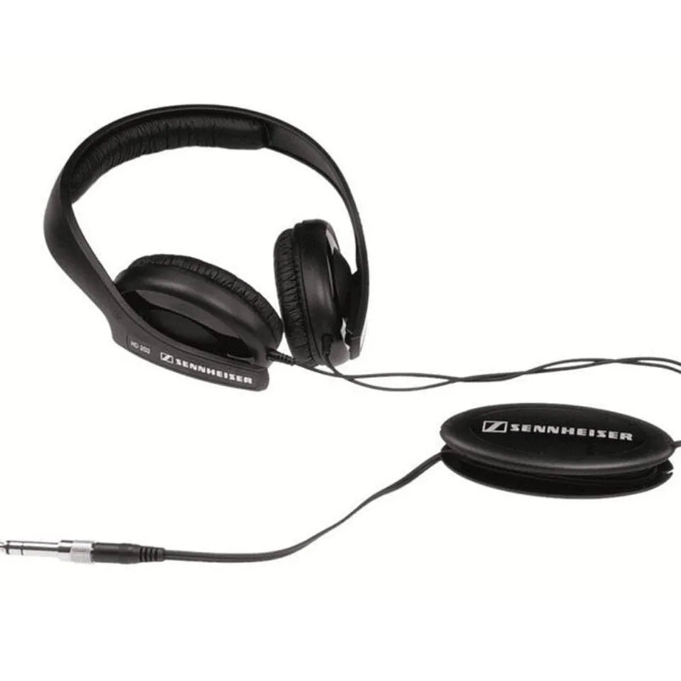 Black head mounted headphones with over-ear cups, a built-in microphone, and a 3.5mm plug.