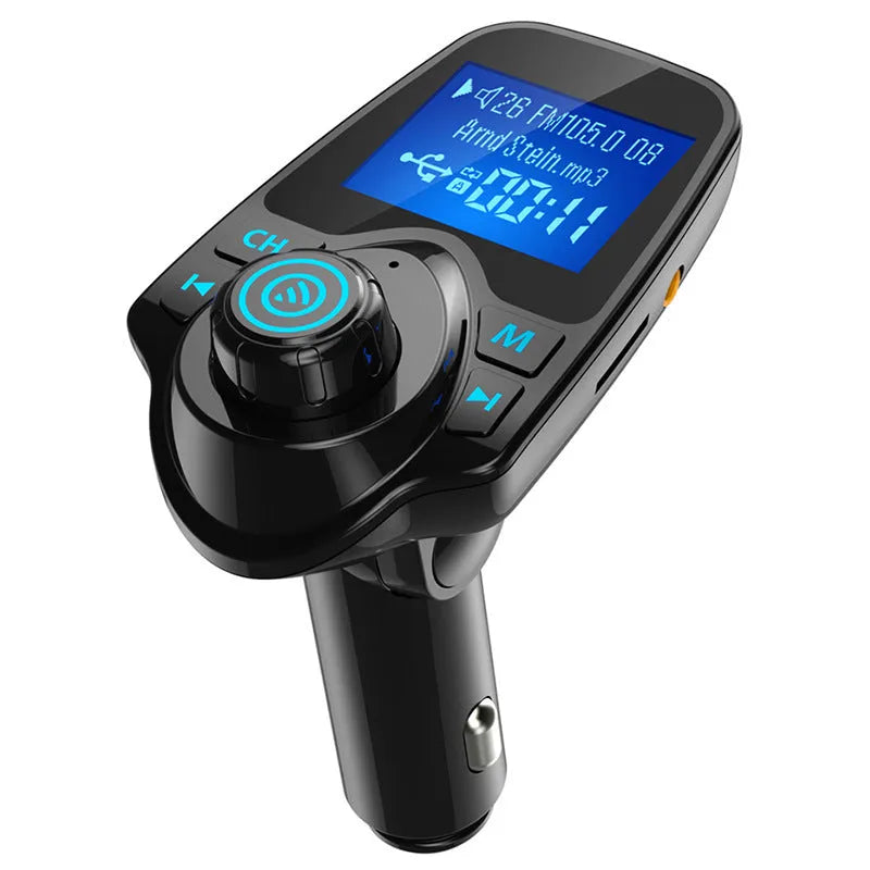 Black G7 model car Bluetooth FM transmitter hands-free kit with USB port and TF card slot.