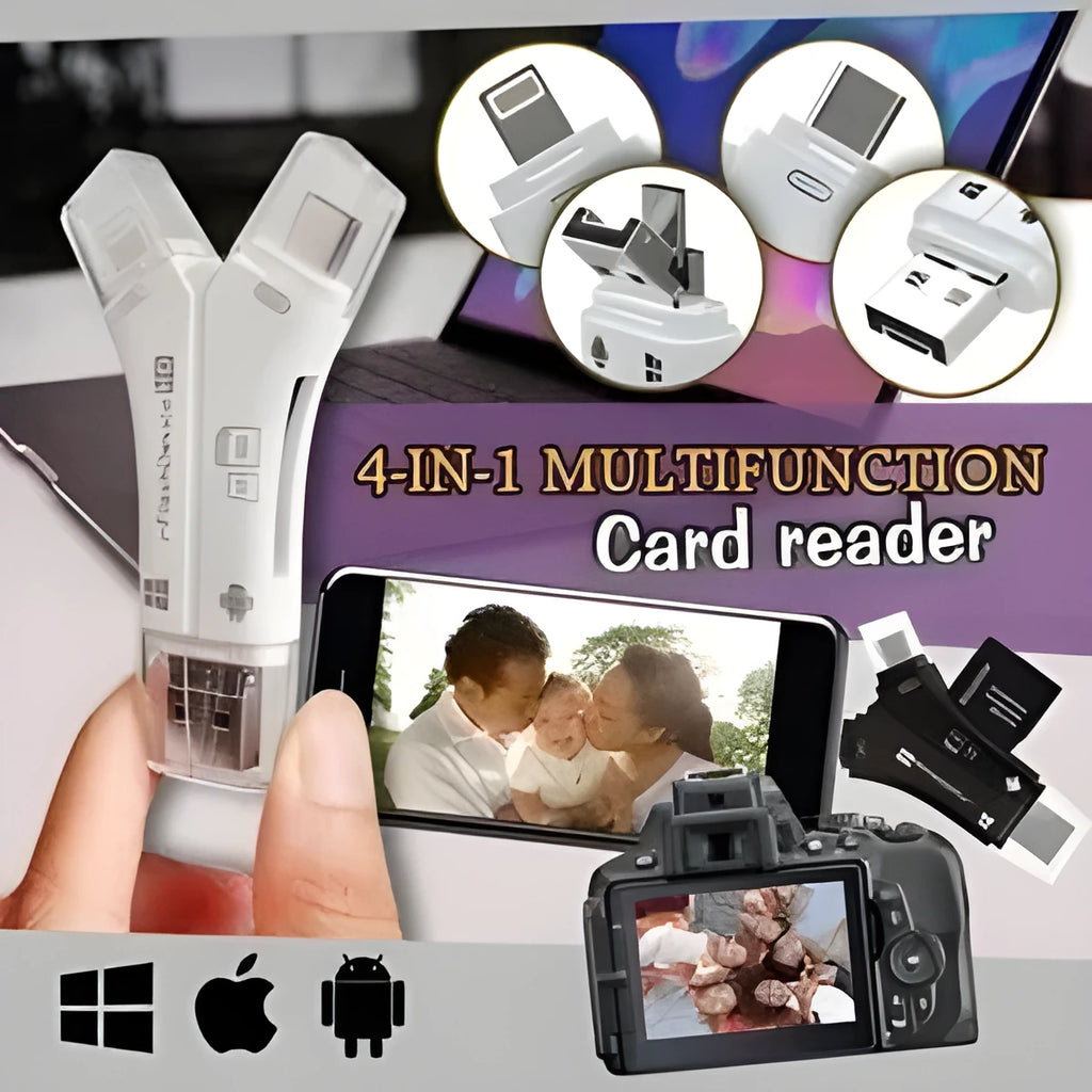White, black, and gold 4-in-1 mobile phone SD card reader with USB, Lightning, Micro USB, and Type-C connectors.