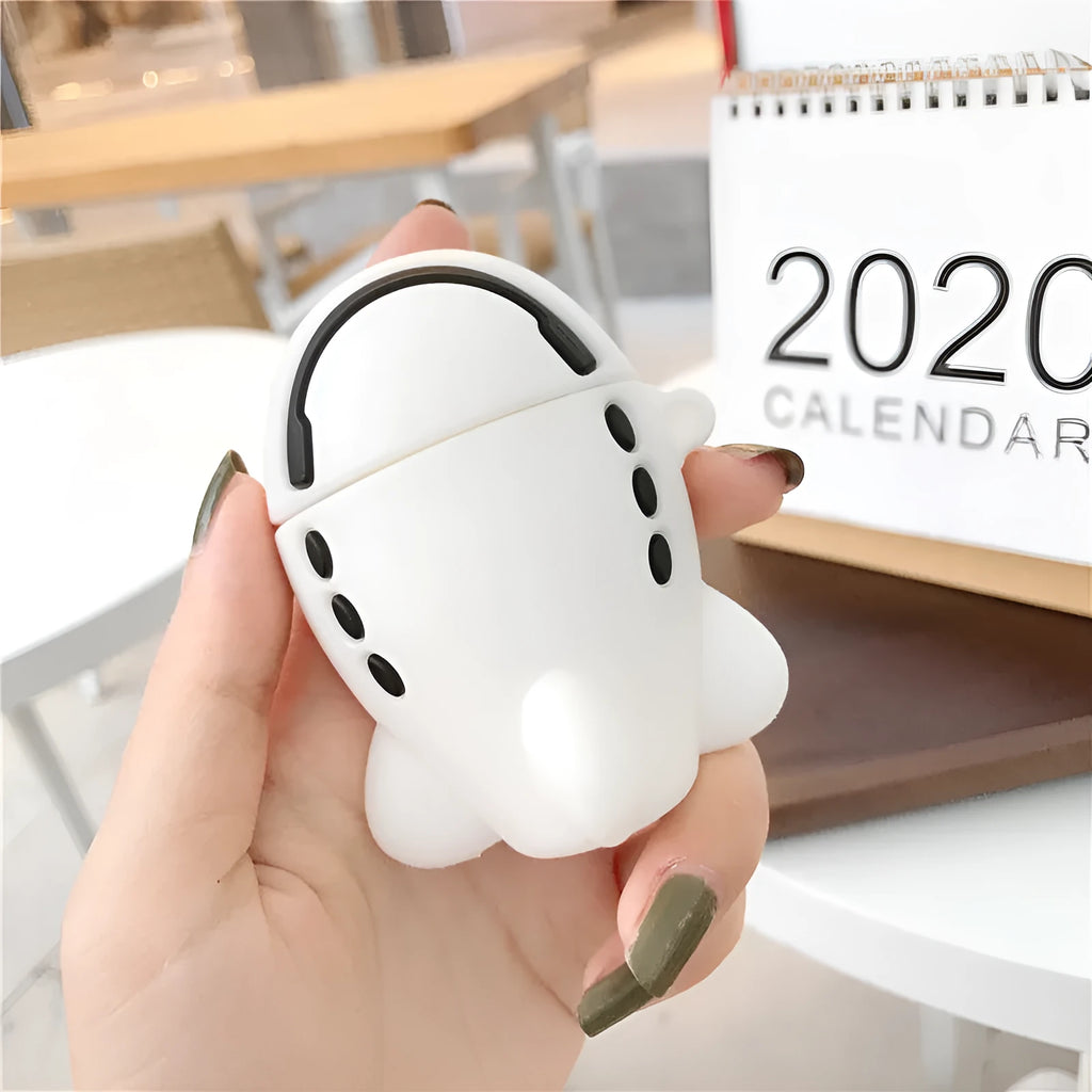 Cartoon airplane headset themed silicone flip case for Apple AirPods 1 and 2 with hook attachment