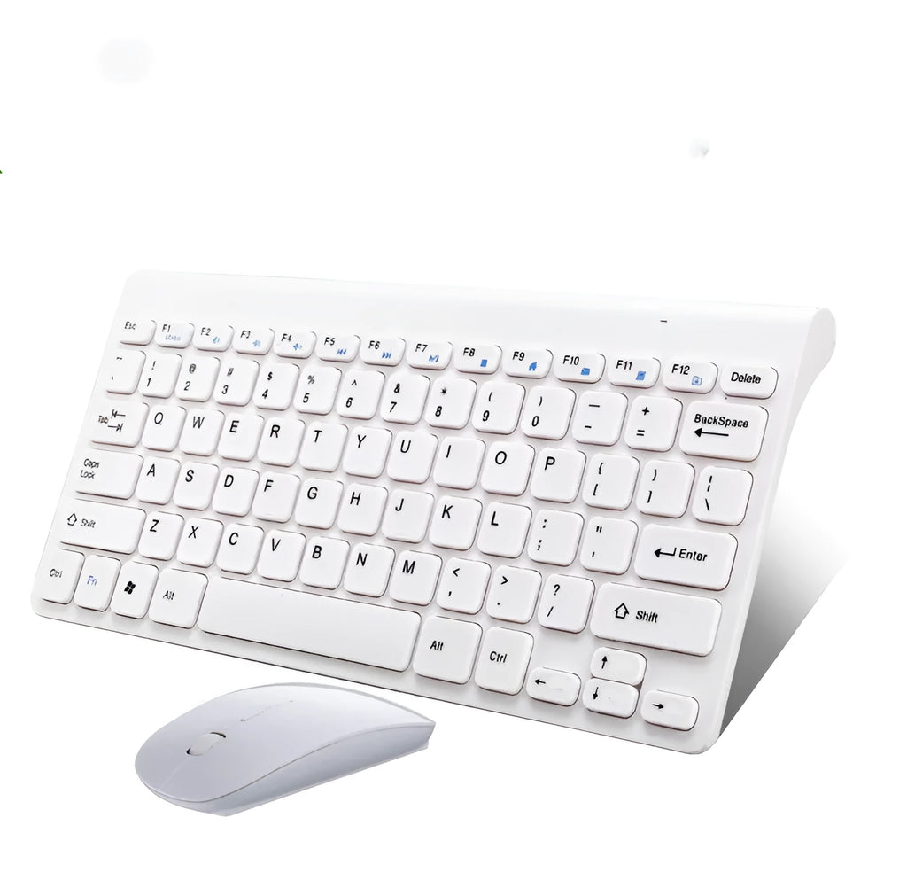 Black and white wireless keyboard and mouse set on a wooden desk