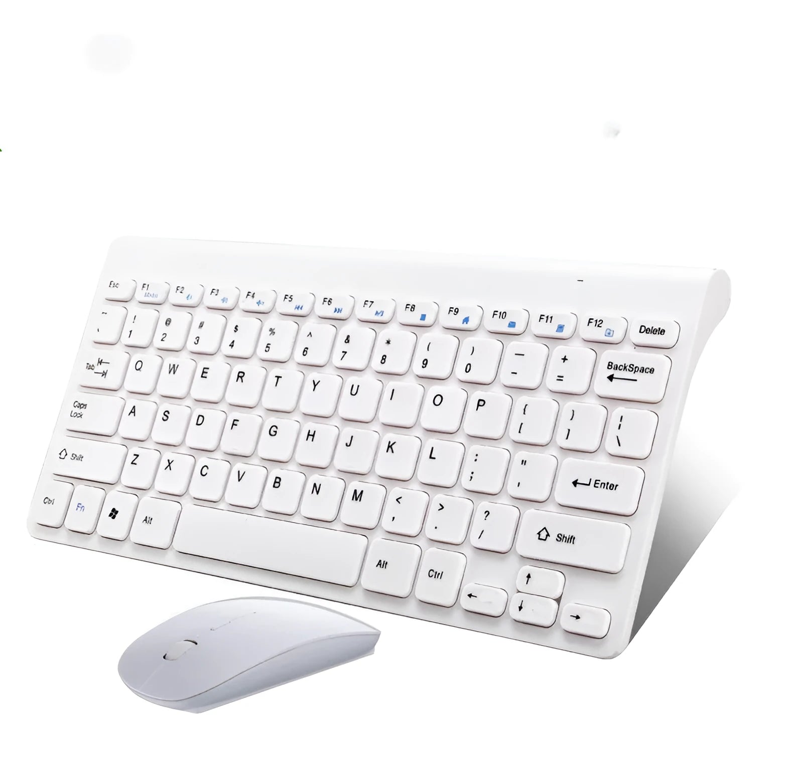 Black and white wireless keyboard and mouse set on a wooden desk