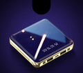 Blue mini power bank with aluminium shell showing multi-U port, dimensions 83mm x 83mm.