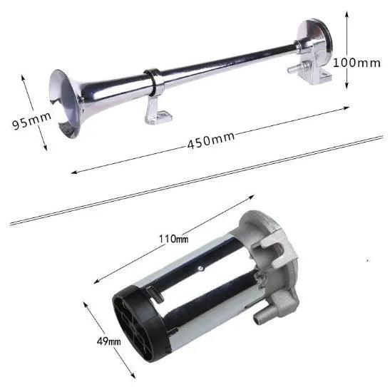 12V Loud Car Horn Single Trumpet No Air System Needed Suitable for Cars Trucks Boats Motorcycles 450mm Length 95mm Bell Chrome Finish Metal Plastic Silver 1.3kg 45x10x9.5cm 92dB 1% Distortion
