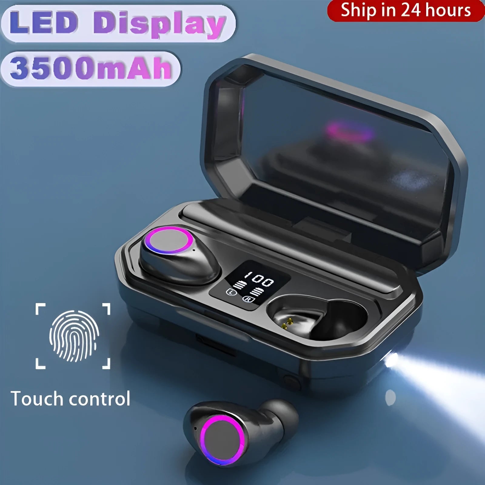 Black and white wireless Bluetooth in-ear headphones with a charging case featuring an LED battery display.