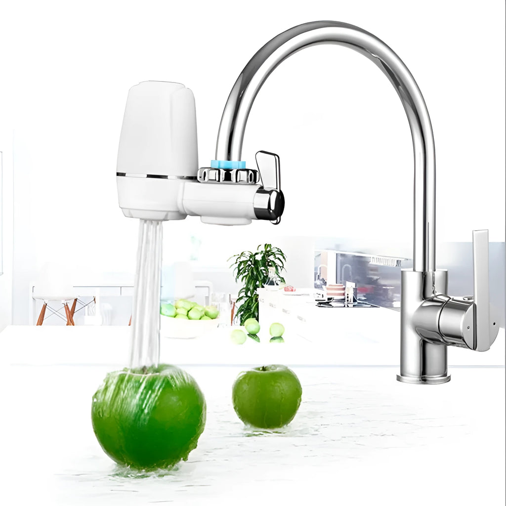 White kitchen tap water filter with ceramic cartridge showing switchable flow control and universal adapter fittings