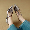 Women's gun colour Mary Jane pumps with chunky heel and pointed toe made from genuine sheepskin leather