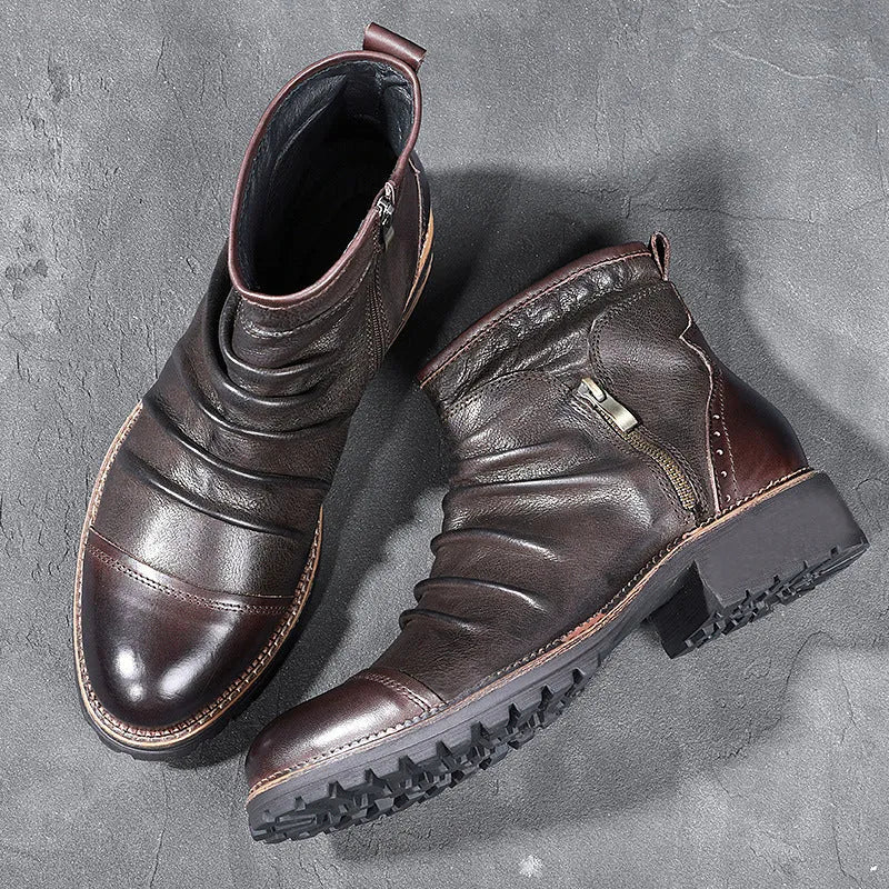 Mid-calf black cowboy boots with side zipper and embossed leather-like finish