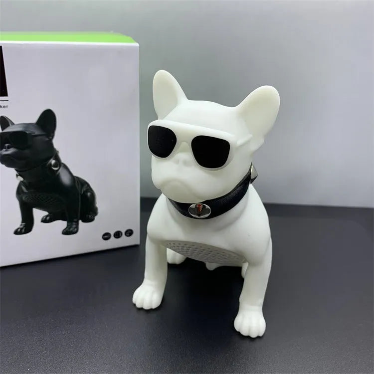 Mini Bluetooth speaker shaped like a bulldog, shown in black, red, and white colour options.