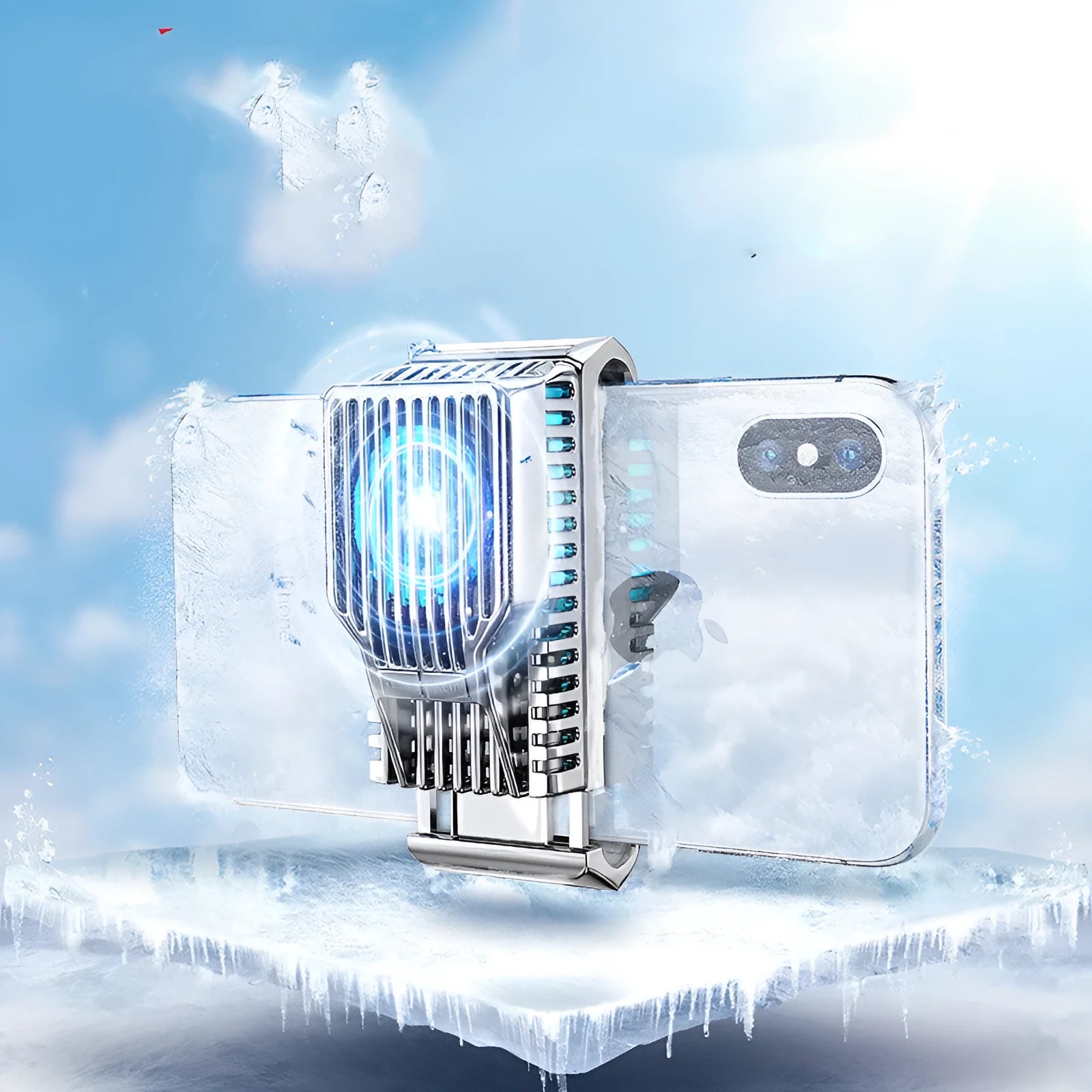 Black clip-on mobile phone radiator cooler with aluminium alloy and ceramic elements for smartphones