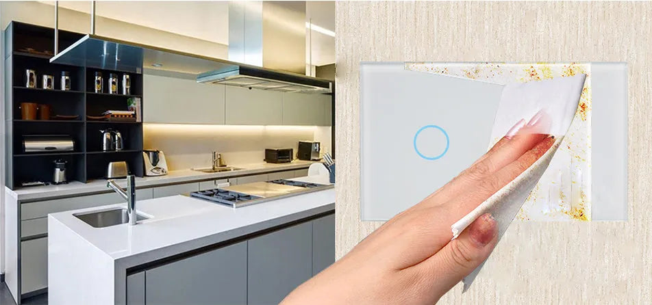 2-gang RF touch light switch with tempered glass panel in white colour showing touch controls
