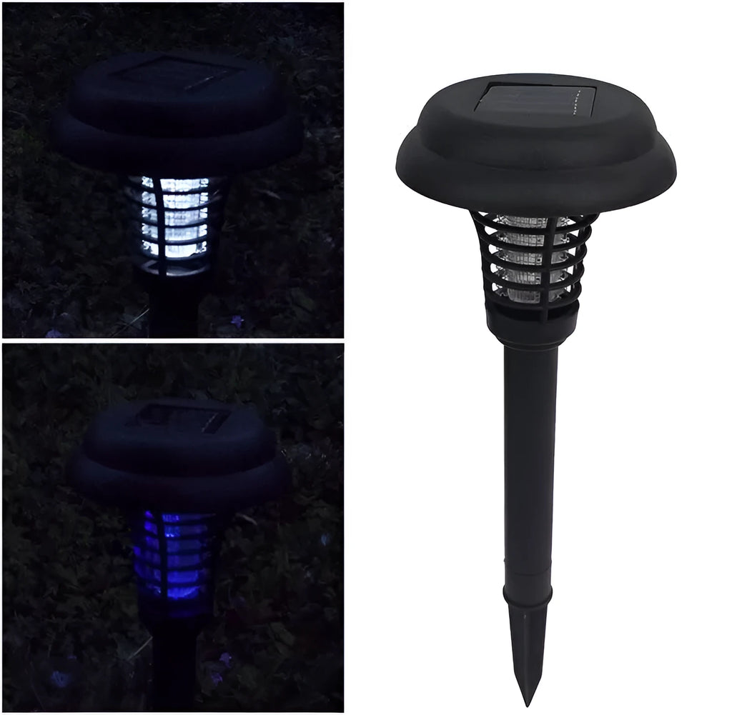 Black solar-powered insect killer garden lamp with white LED and UV purple light.