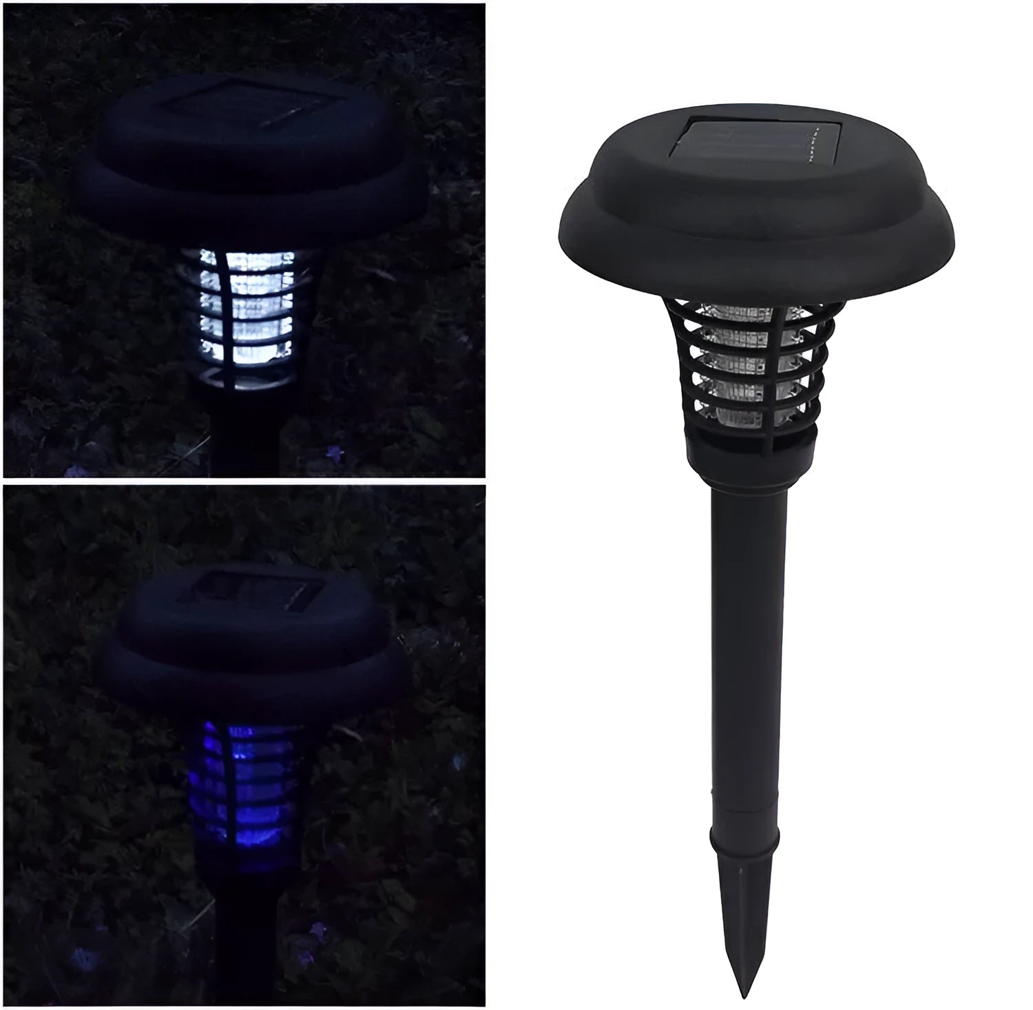 Black solar-powered insect killer garden lamp with white LED and UV purple light.