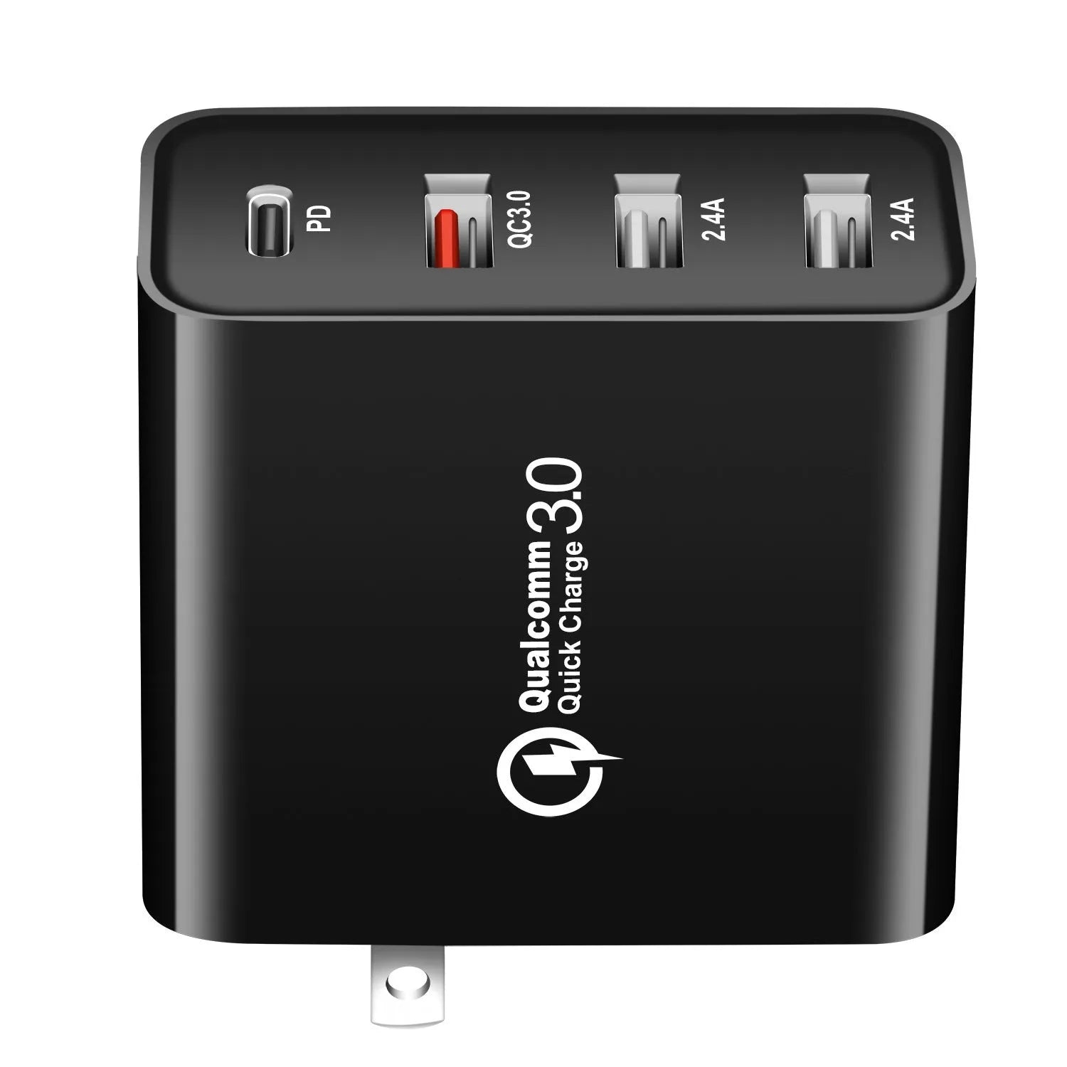 Black 48W four-port USB-C charger with UK plug for multiple device charging