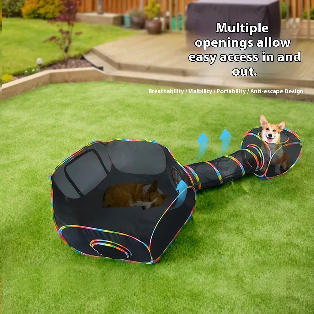Foldable mesh cat roll cage showing multiple shape configurations including hexagonal, tee, and tent designs