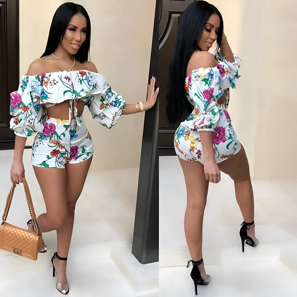 Women's multicolour two-piece pants suit with digital printing and pile sleeves