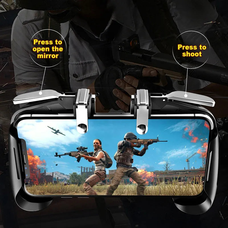 A multifunctional mobile game handle shown in black, blue, and white colour options.