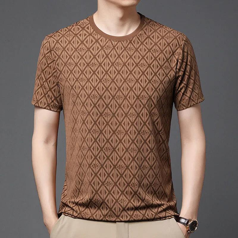 Men's black jacquard pattern short sleeve t-shirt showing loose fit and round neck design